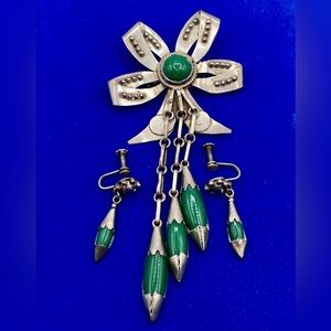 Vintage Sterling Silver Mexico Jade Brooch & Earring Set